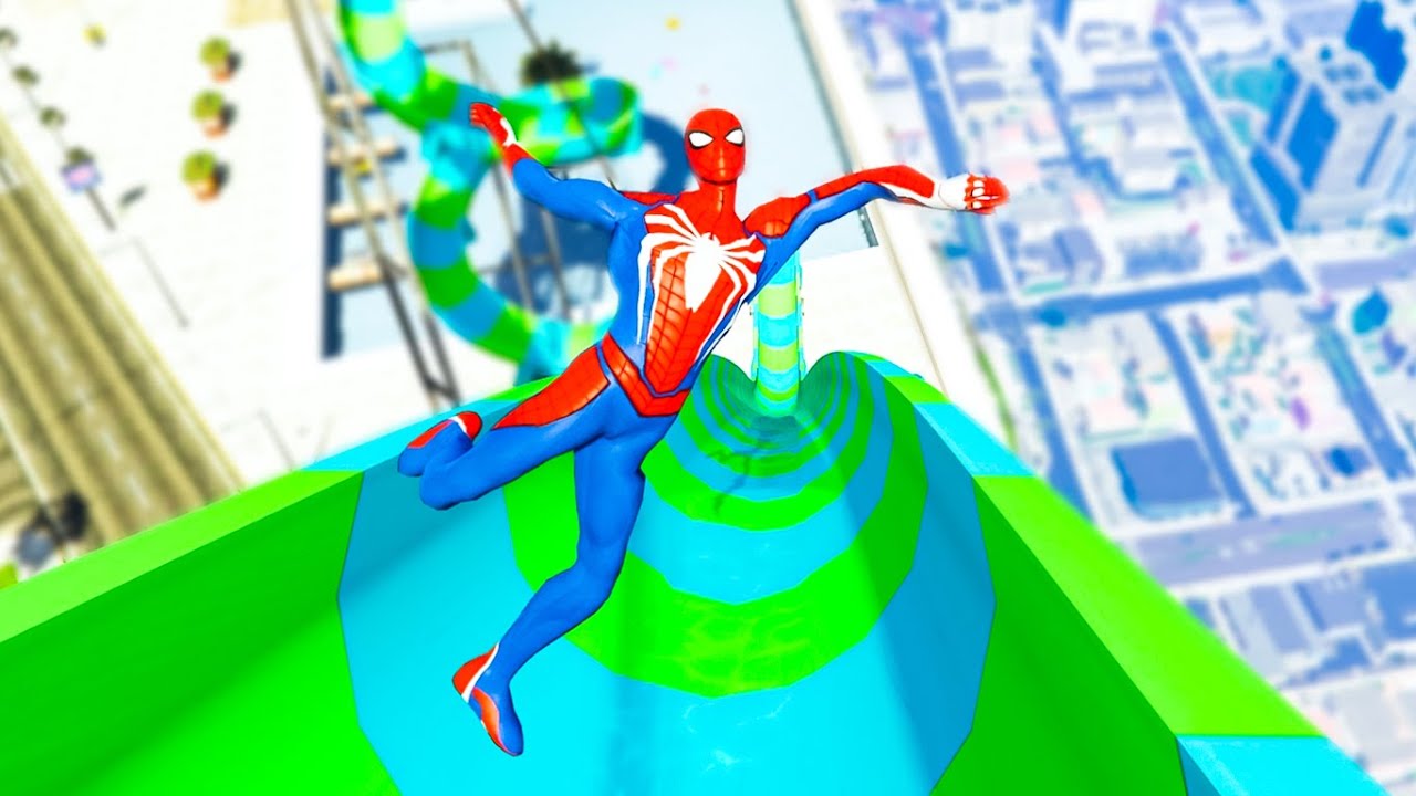 GTA 5 Spiderman jumping down the hill with the Hulk, Iron Man and others