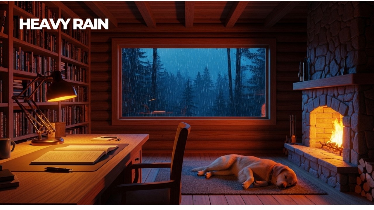 Heavy Rain in a Rustic Log Cabin Bedroom | Fireplace & Sleeping Dog (3 Hours)