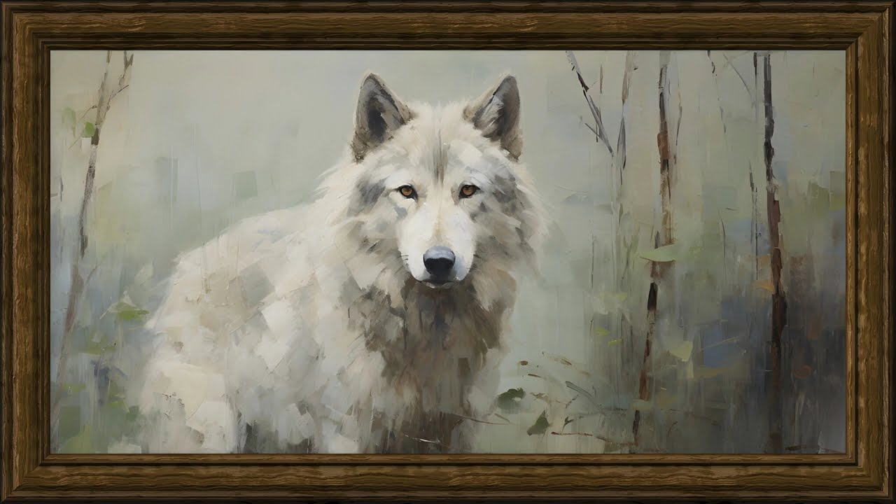 White Wolf in Winter, Vintage Oil Painting | Framed TV Art Screensaver