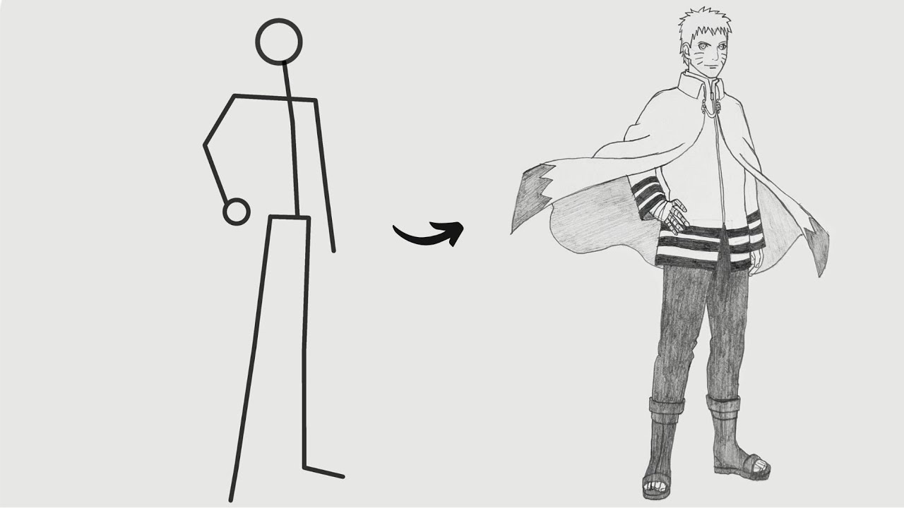How to draw Naruto Uzumaki full body out of Stick man | Easy step-by-step
