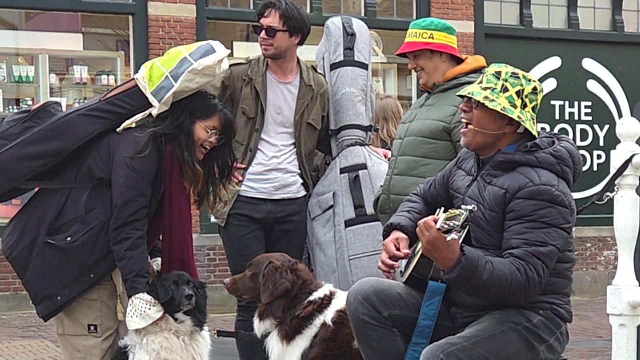 Delft : Straatmuzikant & Dogs,Wonderwall (Oasis). Street Musician ( Busker) .Saturday, March 7, 2026