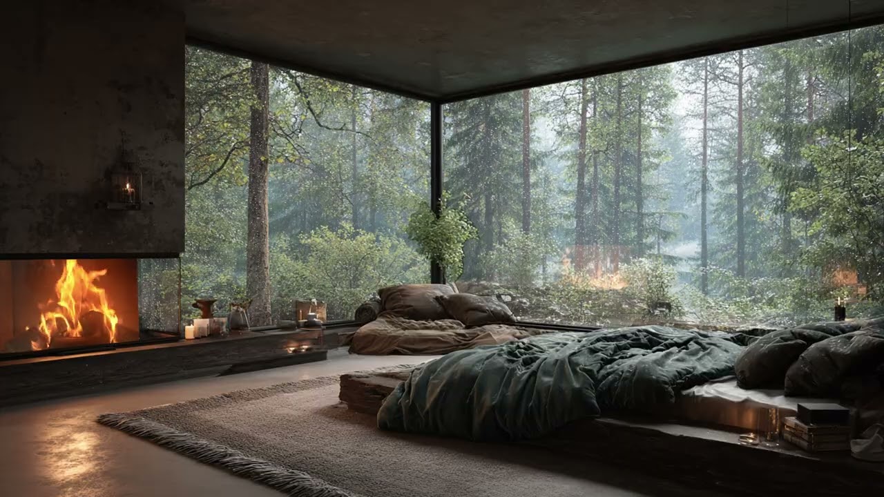 Hidden Forest Refuge at Dawn | Soft Firelight, Misty Pines and a Slow Atmosphere for Deep Rest