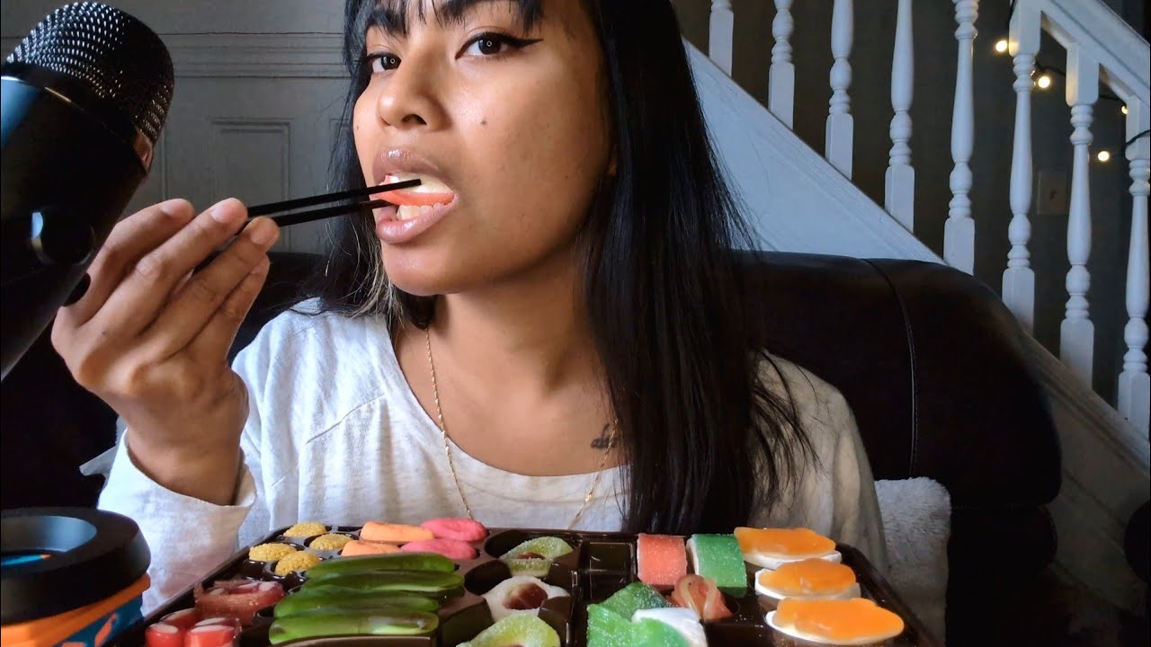 ASMR Sushi Gummy Tray MukBang , Eating Sounds