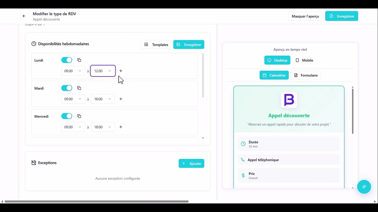 Créer un calendrier prise de rendez-vous - Bendokia