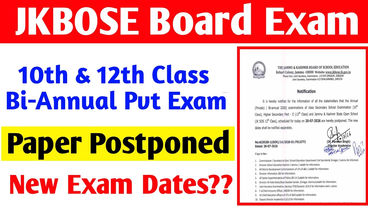 JKBOSE Board Exam 2026 || 10th & 12th Class Bi-Annual Private Exams Postponed || New Exam Dates?