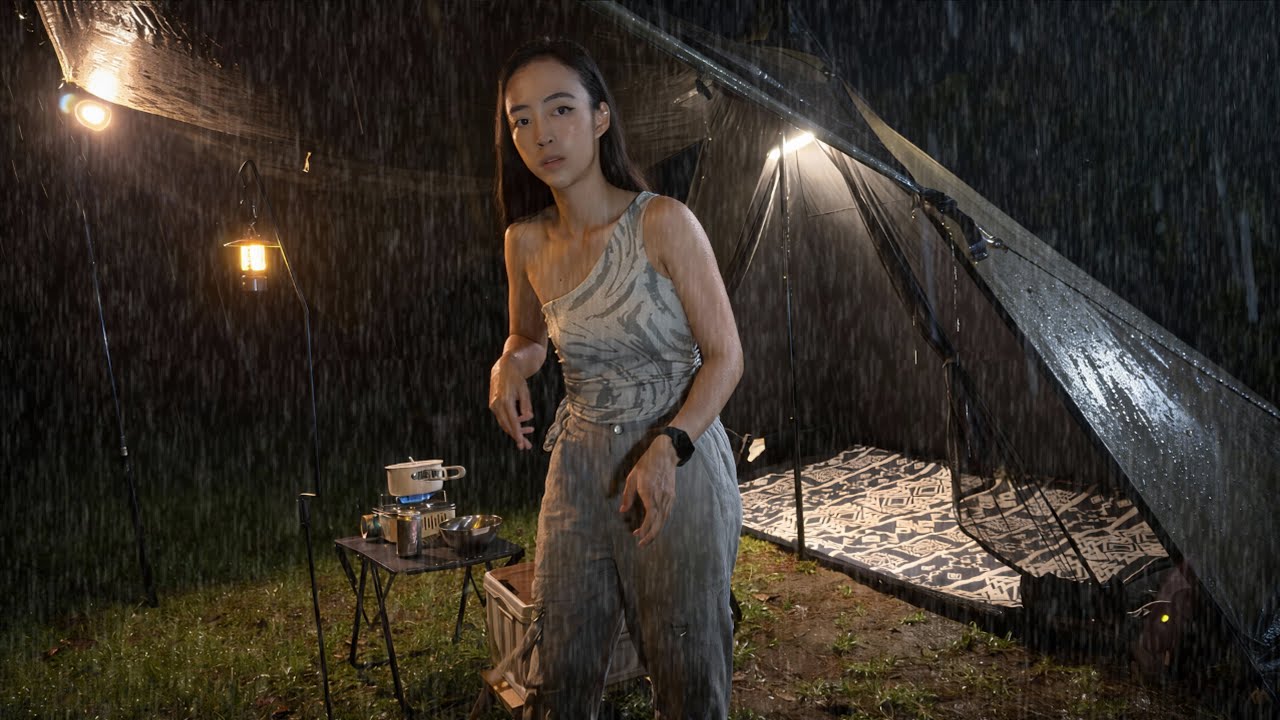 SOLO OVERNIGHT CAMPING IN THE RAIN - RELAXING IN THE TENT WITH THE SATISFYING SOUND OF NATURE
