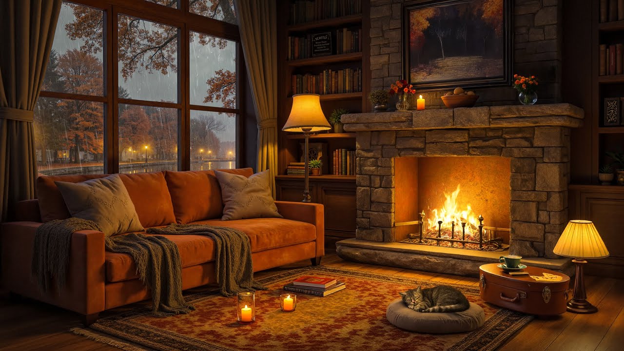 🍂 Autumn Jazz by the Fireplace 🎶 Cozy Living Room with Rainy Autumn Views for Relaxation 🌧️