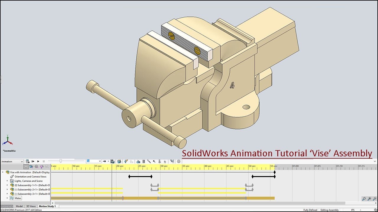 Animation displayed in 'Vise' Assembly--SolidWorks Tutorial (with caption and audio narration)
