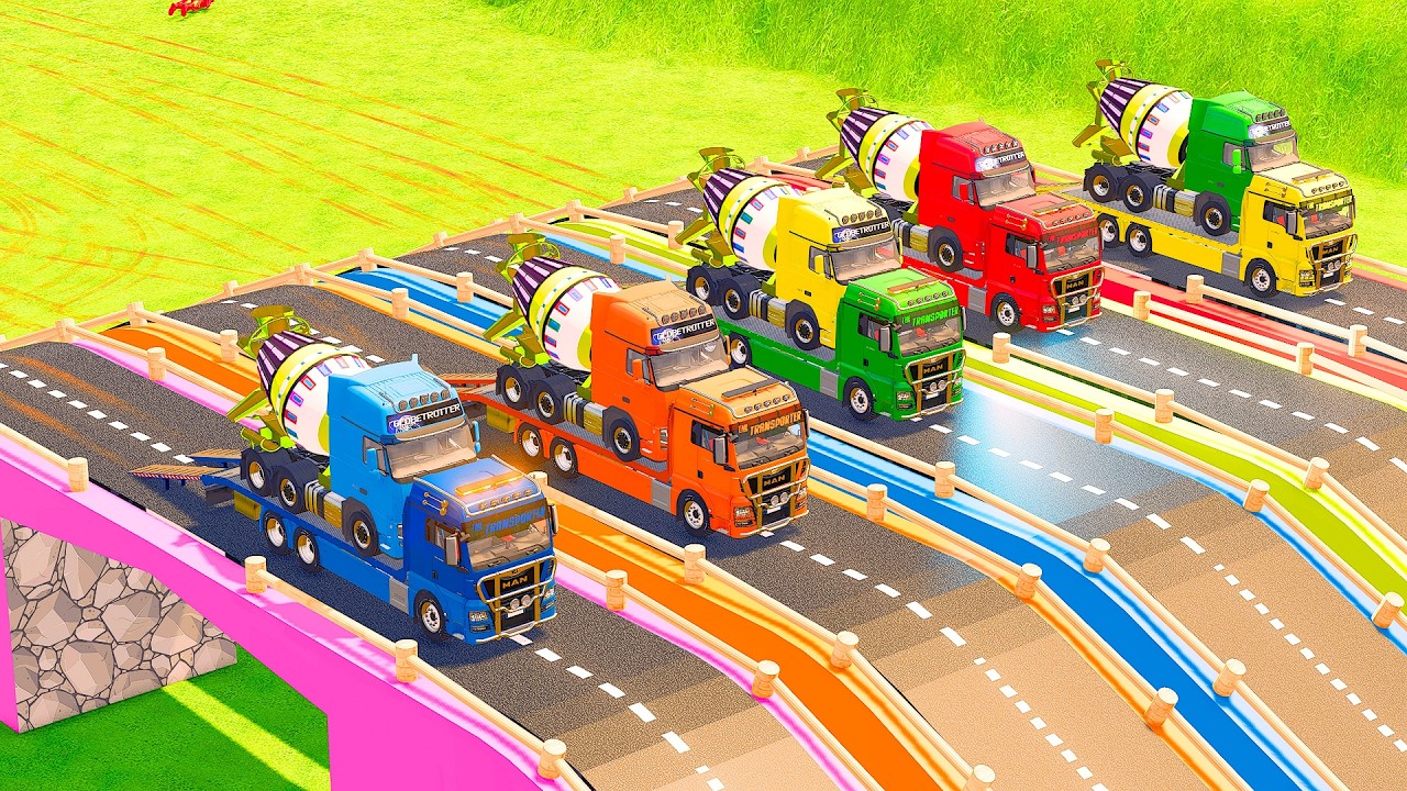 TRANSPORTING MIXER TRUCK, EXCAVATOR with Double Flatbed Trailer, MC QUEEN, VOLVO, SCANIA FS22 #09