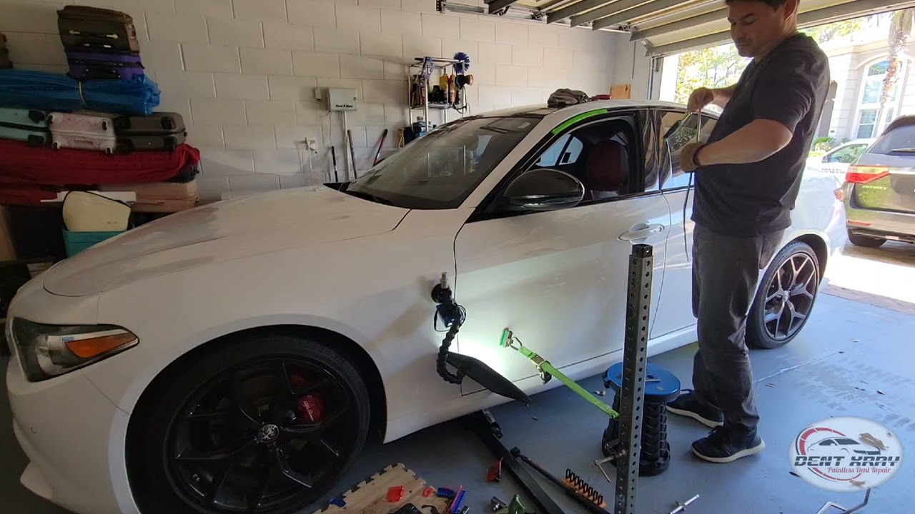 NASTY DENT ON ALFA ROMEO GIULIA ALUMINUM DOOR, FIXED WITHOUT REPAINTING!
