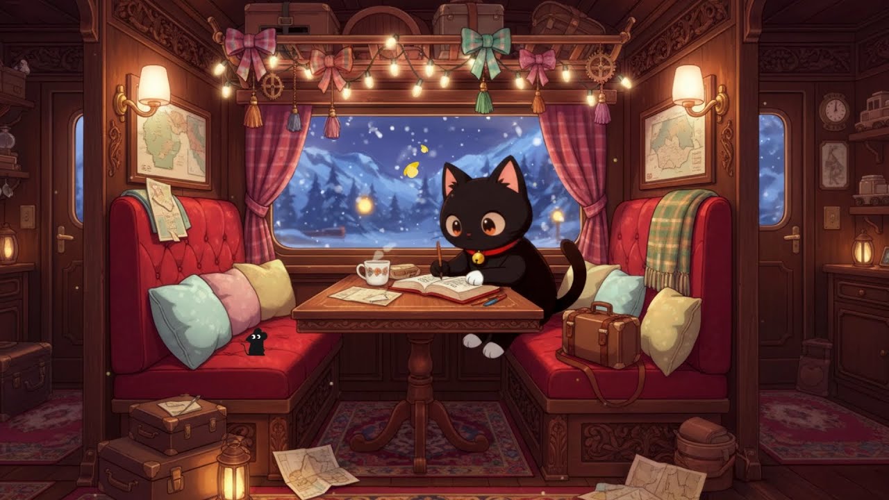 Cozy Winter Train Journey with Kitty Cat's 🚂 Travel Lofi Music ❄️ Relaxing Music to Study & Calm