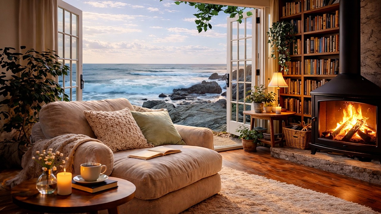 Cozy Seaside Cabin Morning 🌊 Fireplace & Soft Waves Ambience | Coastal Relaxation