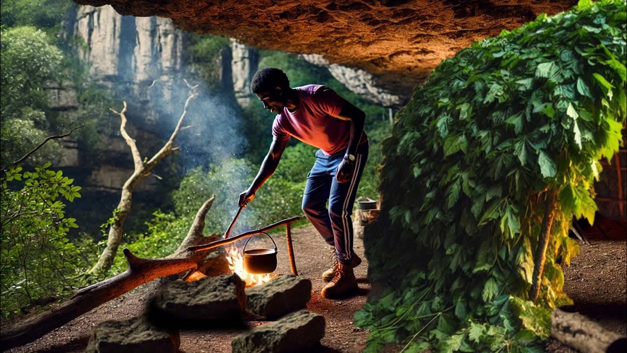 Camping Under A Big Rock | BUILD BUSHCRAFT SHELTER | Outdoor Campfire Cooking