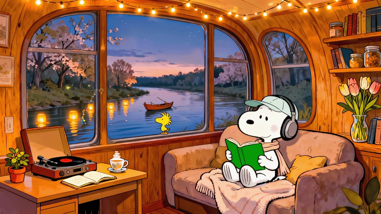 📖 Snoopy Calm Spring Lakeside Reading 🌿 Cozy Lofi for Study & Focus
