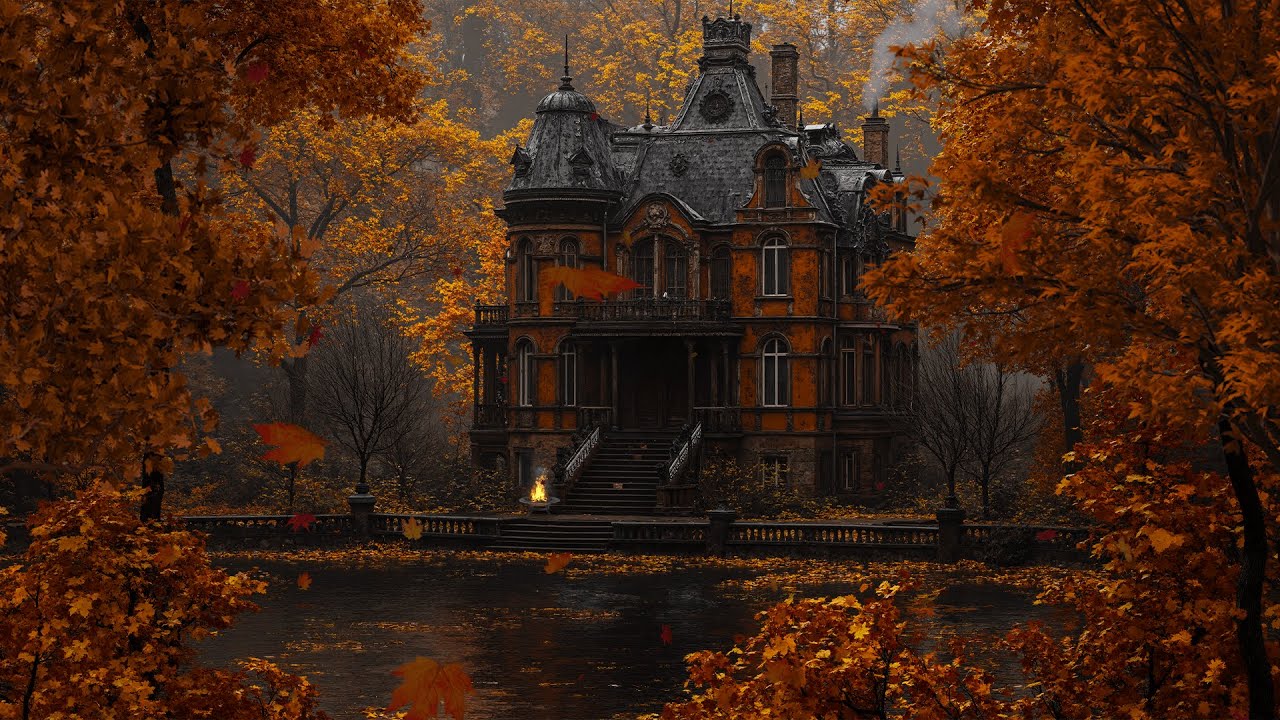 Cozy Haunted House Halloween Autumn Ambience with Crackling Fire & Nature Sounds for Sleep, Study
