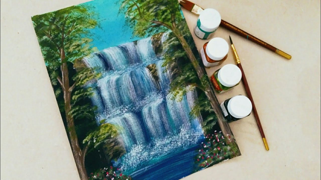 Easy Waterfall Landscape Painting tutorial for beginners || Step by step Waterfall landscape Paintin