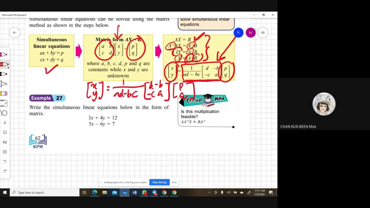 Mathematics Form 5 Use matrix method to solve simultaneous linear equations