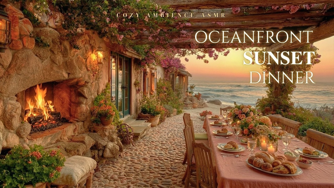 Oceanfront Sunset Dinner | Fireplace Crackles and Sea Waves for Deep Relaxation
