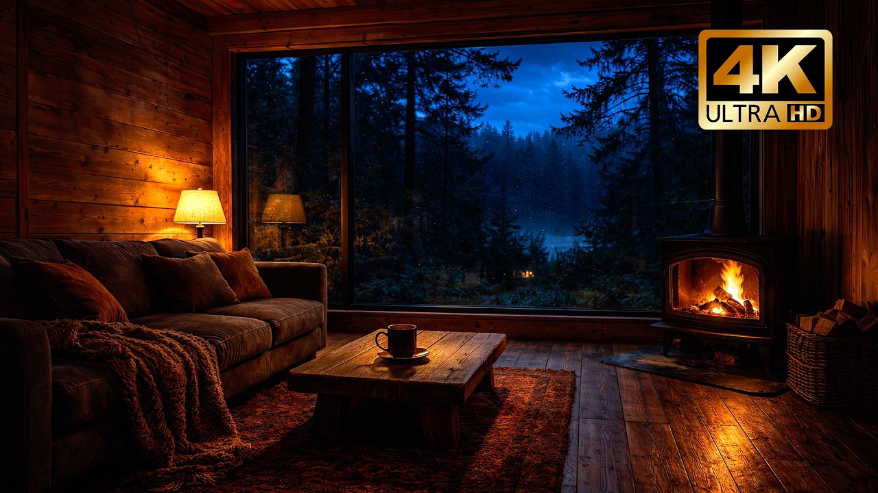 Fireplace & Heavy Rain in Forest Cabin | Warm Ambience for Deep Relaxation and Rest 4K