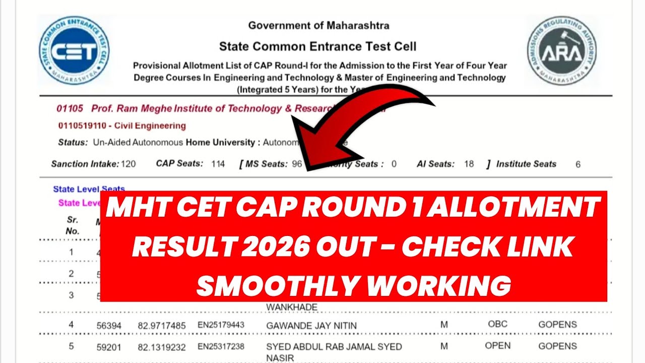 MHT CAP Round 1 Allotment 2026 OUT 🔴 MHT CET CAP Round 1 Allotment 2026 ? MHT CET CAP Round 1 Result