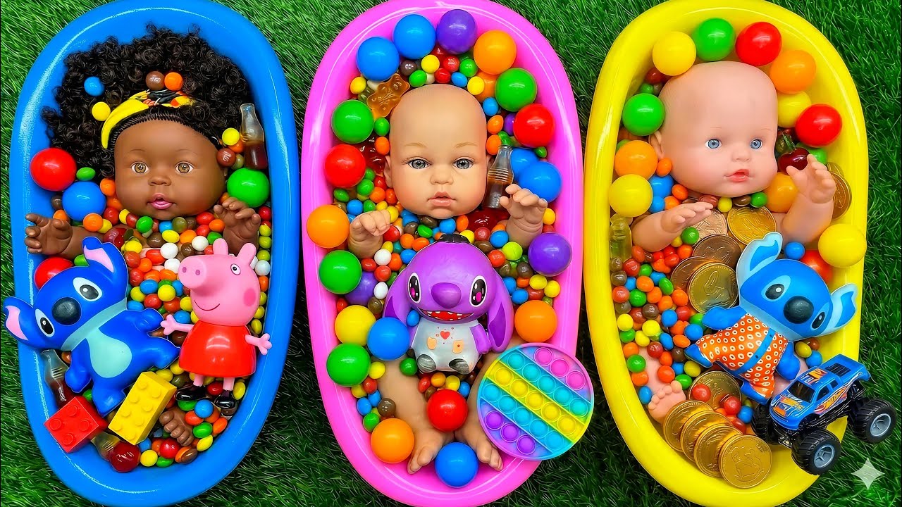 Full of 3 Rainbow Bath Tubs Candy with M&M's & Magic Slime Cutting Video