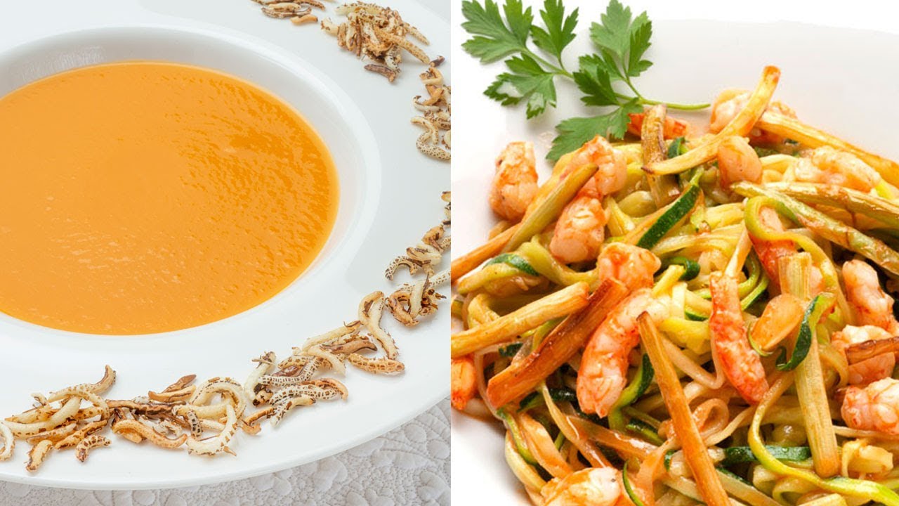 Crema de calabaza y boniato - Espaguetis de calabacín y gambas - Cocina Abierta