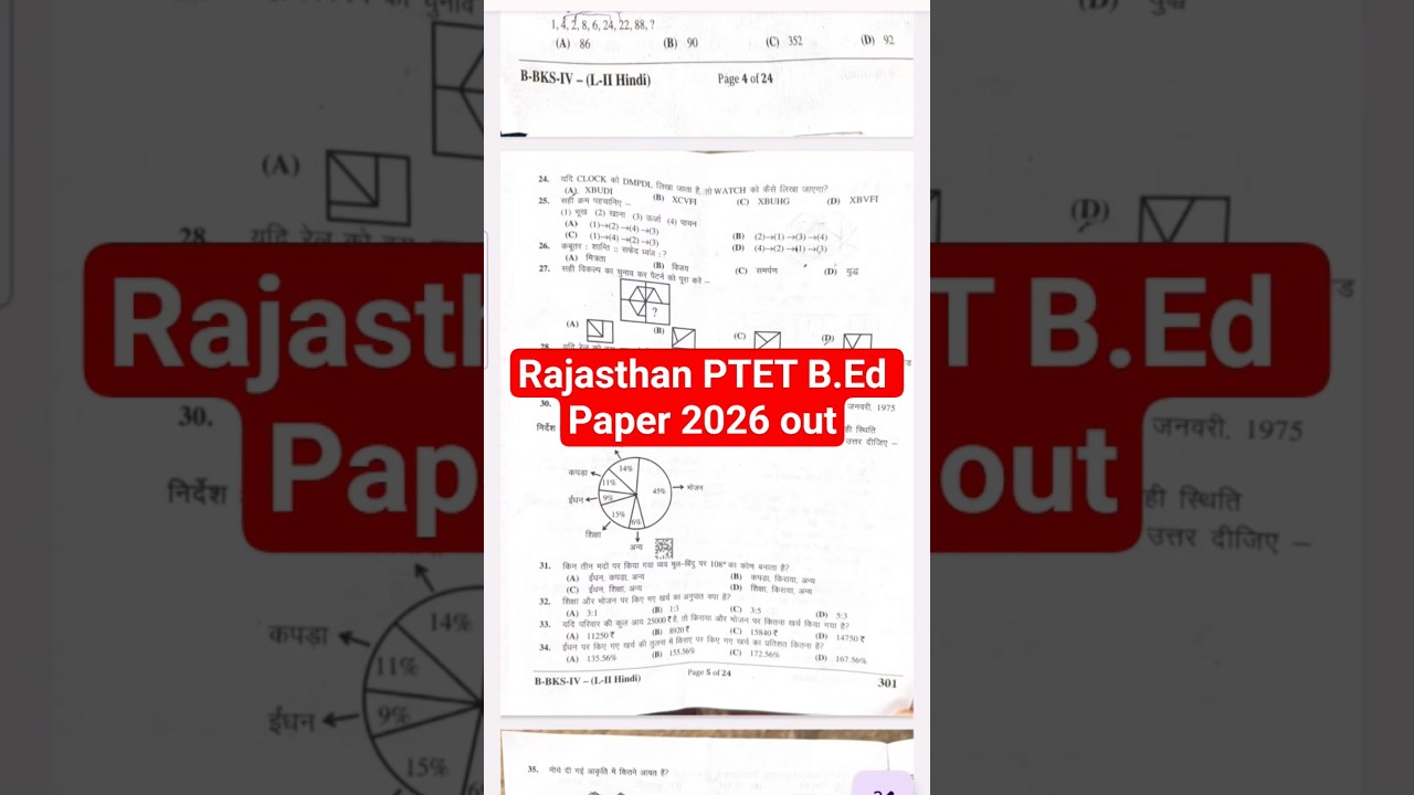 Rajasthan PTET B.Ed Paper 2026 🔴 PTET B.Ed Exam Paper 2026 | Rajasthan PTET Question Paper  2026 out