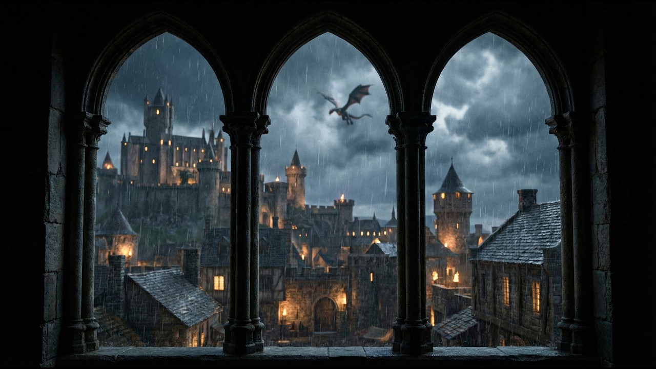 Rainy Medieval Castle Window Ambience 🌧️ | Dark Gothic Night View
