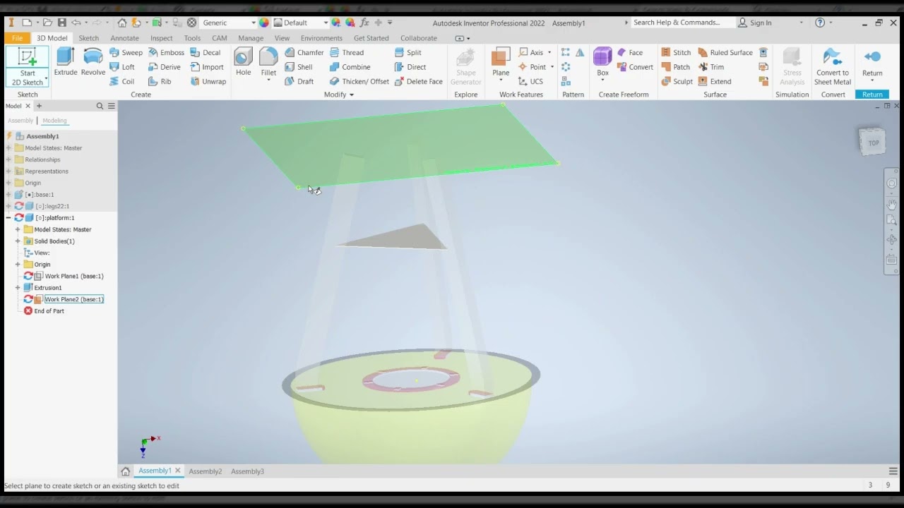 How To Use a Plane to design a vertical Object on assembly using CAD Inventor?