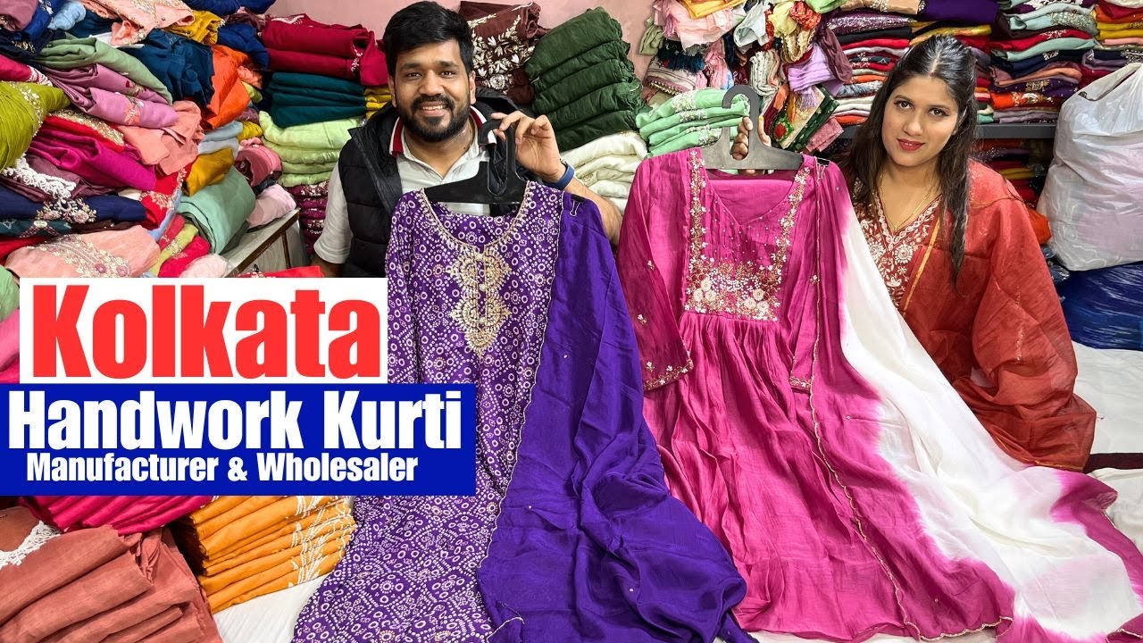 Pure Mul Chanderi/ Chinon/ Tissue handwork kurti wholesale market kolkata Barabazar | Traditional