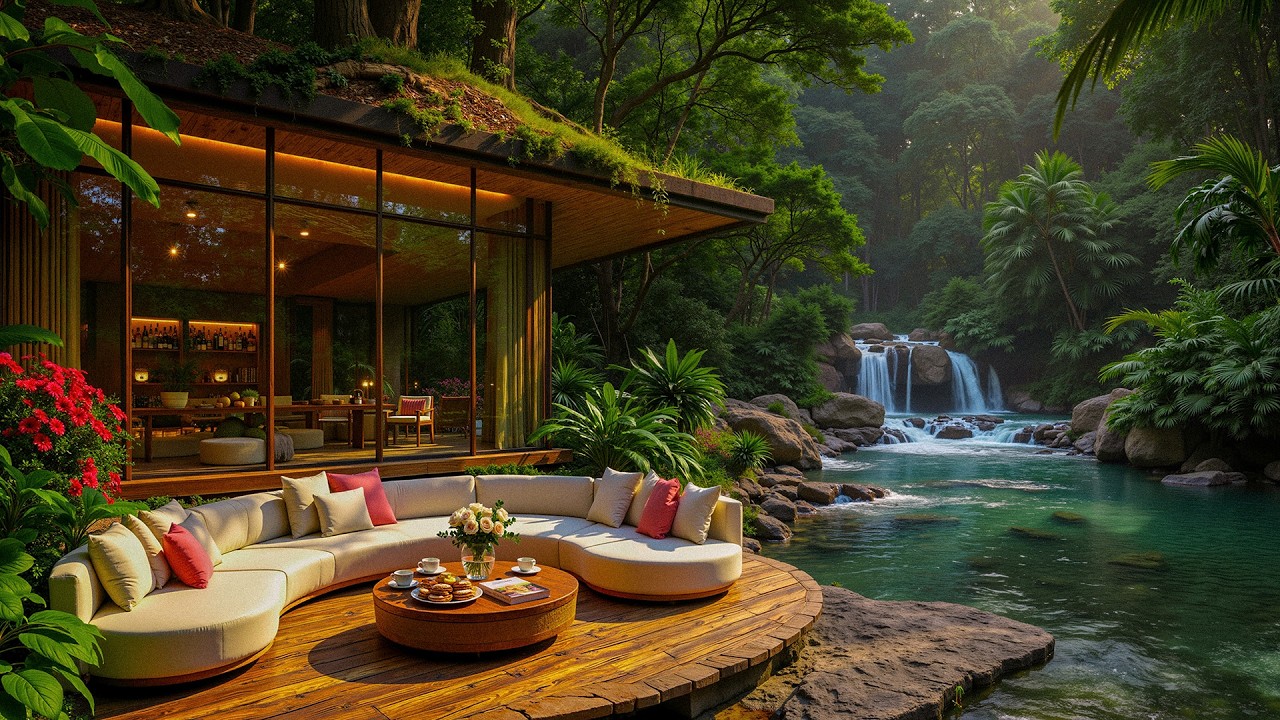Morning Forest Garden Café Jazz - Smooth Jazz Music with Gentle Stream Sounds for Relaxation