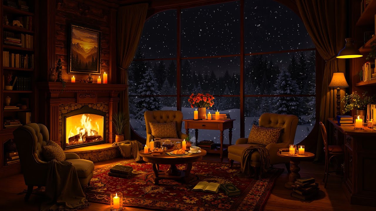 Cozy Winter Room Ambience ❄️ Soft Jazz, Gentle Snowfall & Crackling Fireplace Sounds for Relaxation