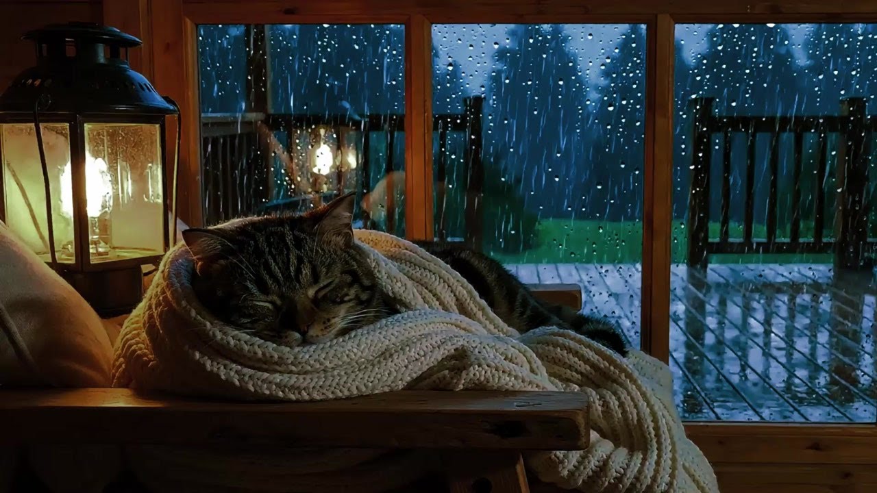 Cozy Cabin Rain with a Sleeping Cat | Relaxing Piano Music