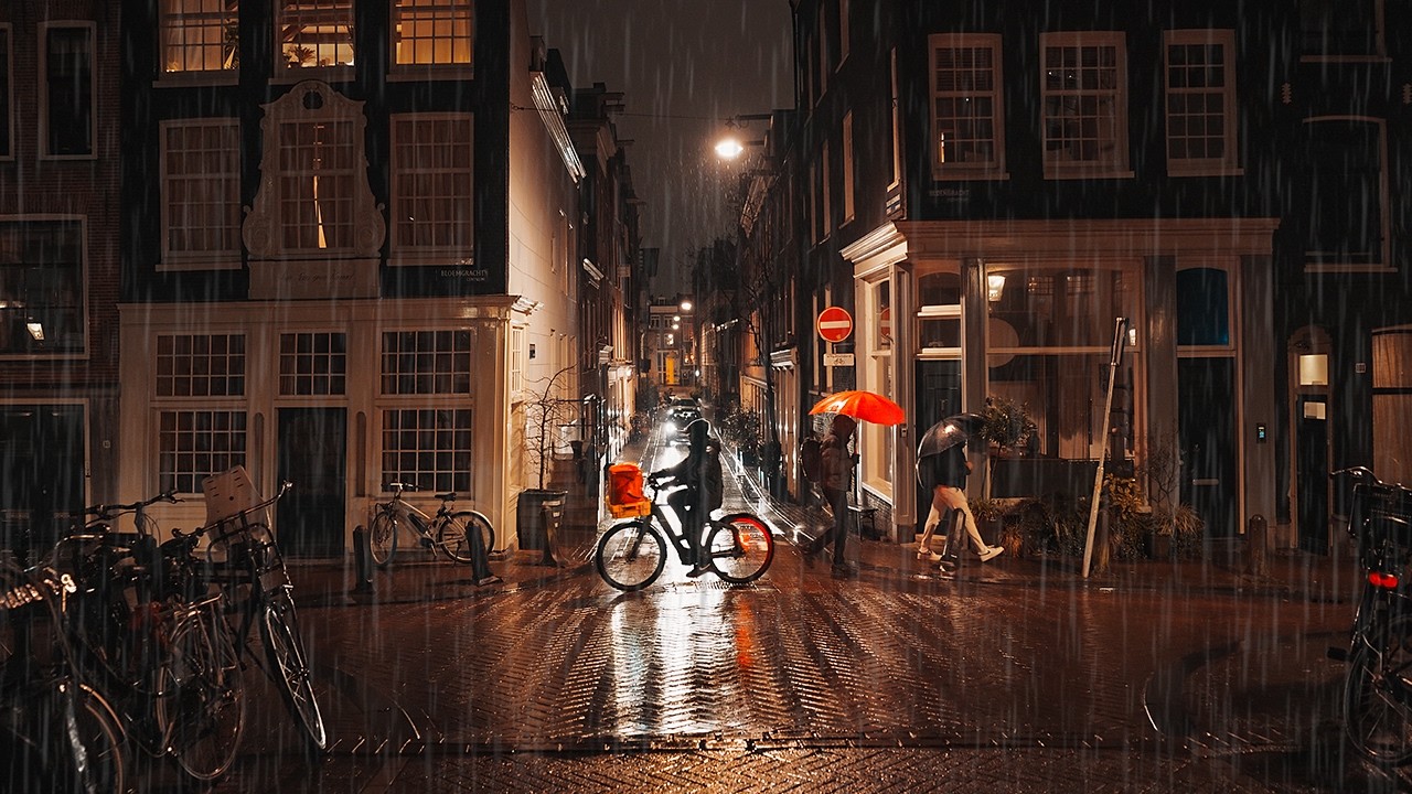 Rain Walk at Night in Amsterdam • 4K ASMR