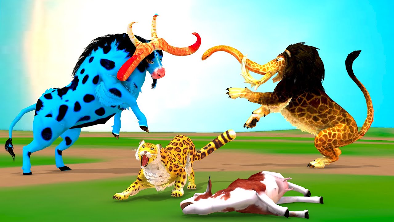 Monster Lion Mammoth vs 3 Zombie Bulls Saved By Cow Cartoon Animals From Lepoard, Giant Lion Fight