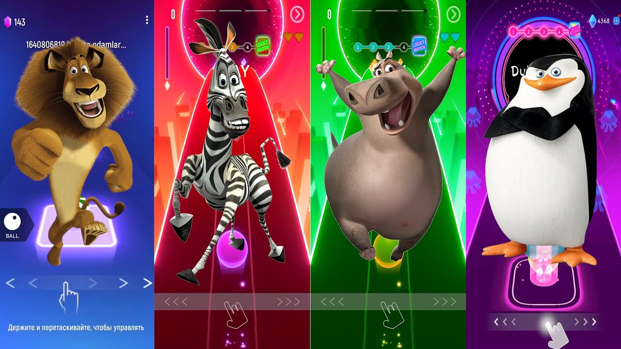Tiles Hop Madagascar Battle  Alex vs Marty vs Gloria vs Skipper | Tiles Hop EDM Rush!