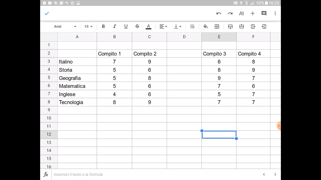 Fogli Google su Tablet 4^ - Eliminare colonne e righe