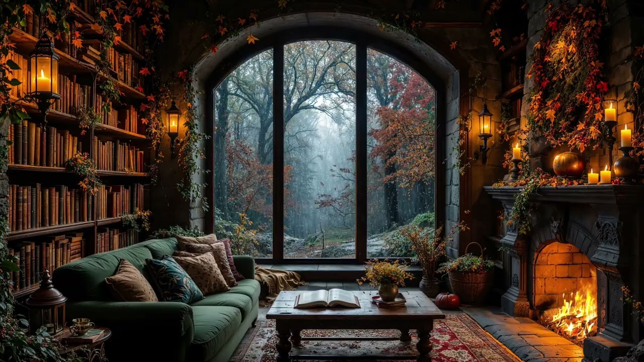 Autumn Hearth Dreams 🍁🔥 | Crackling Fireplace and Rain Ambience for Sleep & Tranquility