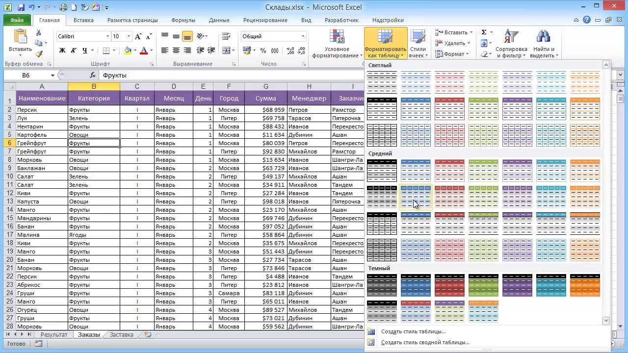 Создание сводной таблицы в Excel