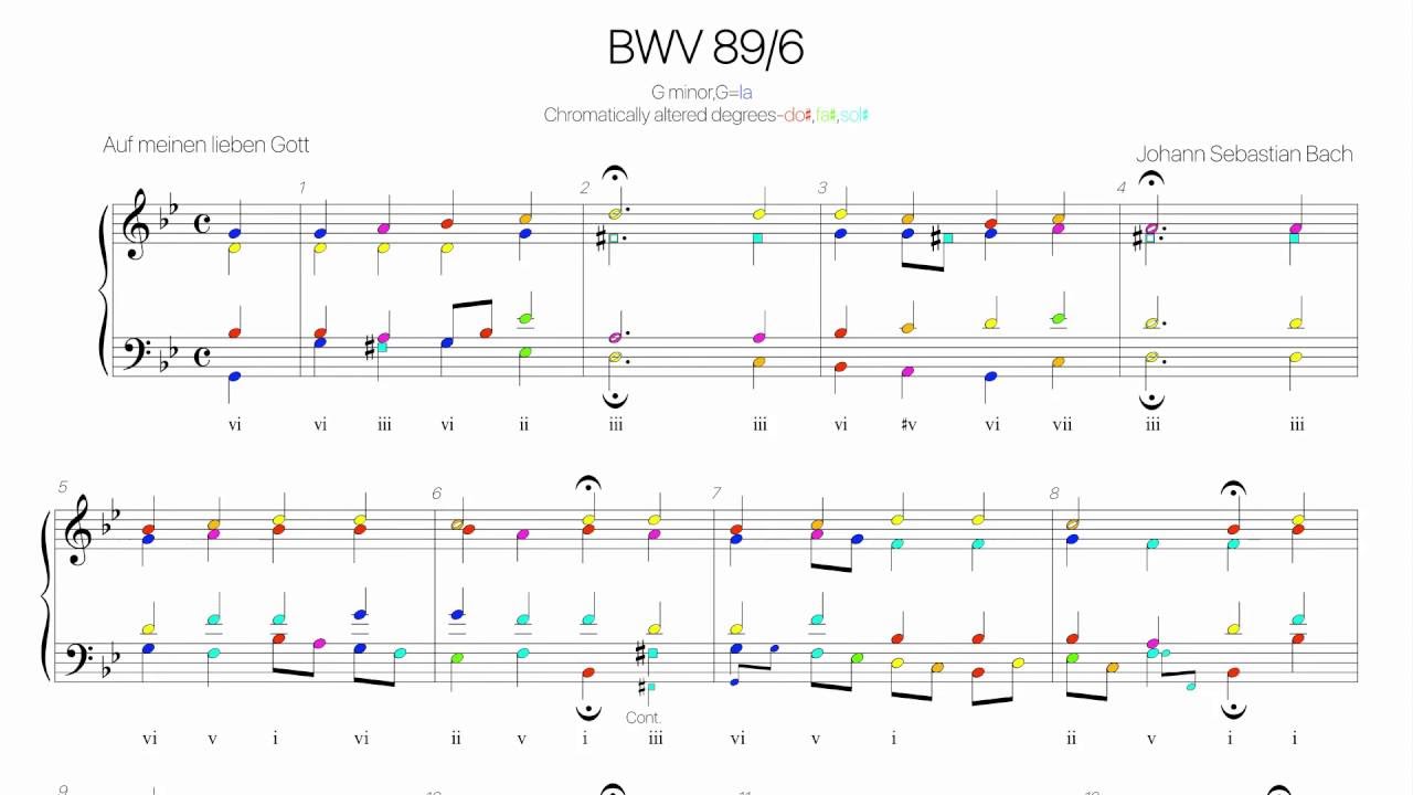 Bach Chorale BWV 89-6 Harmonic analysis with colored notes -Wo soll ich fliehen hin-