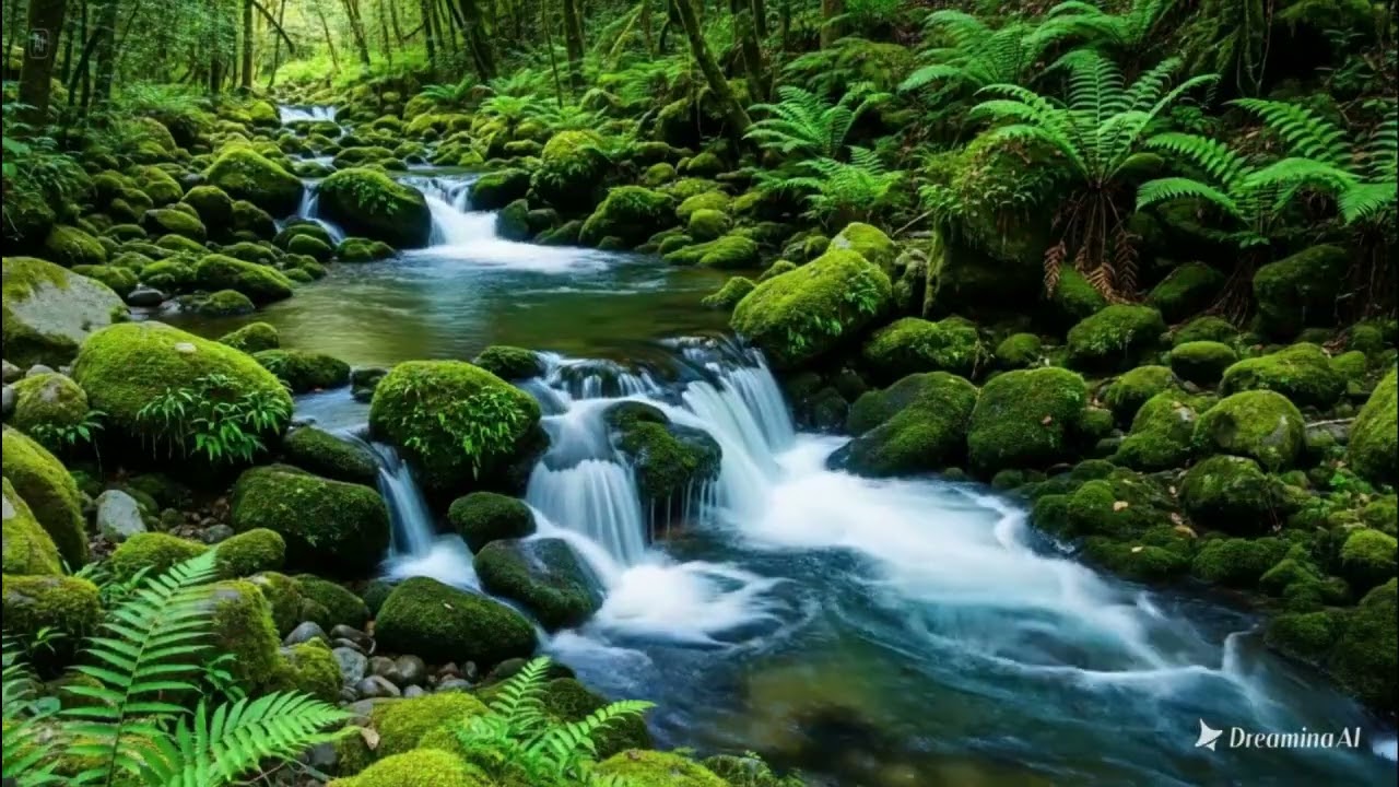 The scenery of water flowing and falling from the mountains naturally beautiful blends with the song