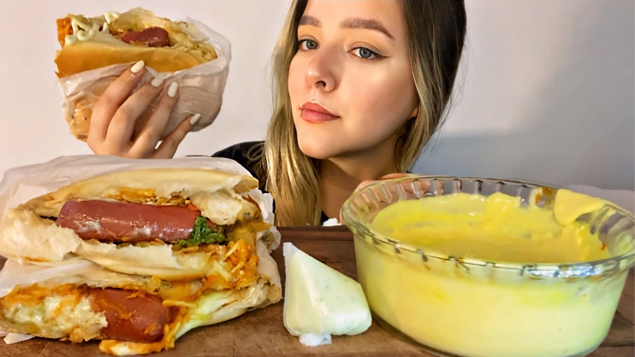 CACHORRO QUENTE COMPLETO COM MOLHO DE QUEIJO E MAIONESE CASEIRA MUKBANG BRASIL | CAMILE ASMR
