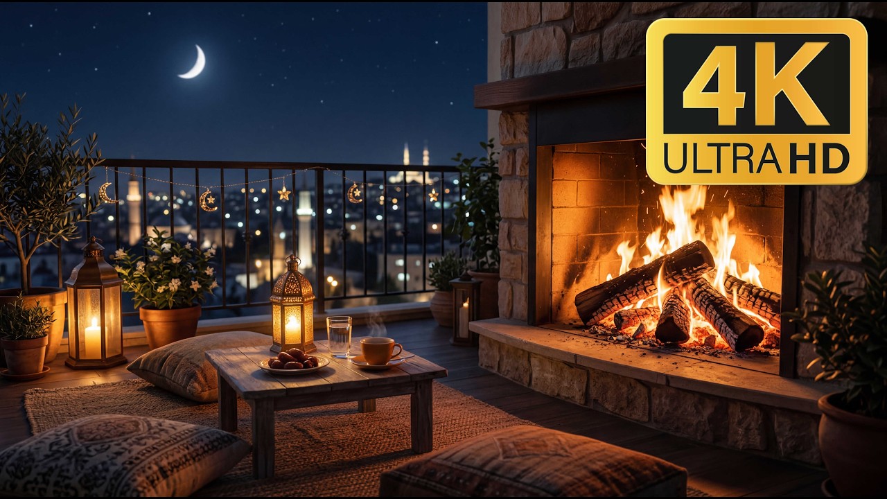 🔥 Ramadan Balcony Fireplace LIVE 2026 | مدفأة رمضان | 12 Hours Pure Crackling Fire | 4K