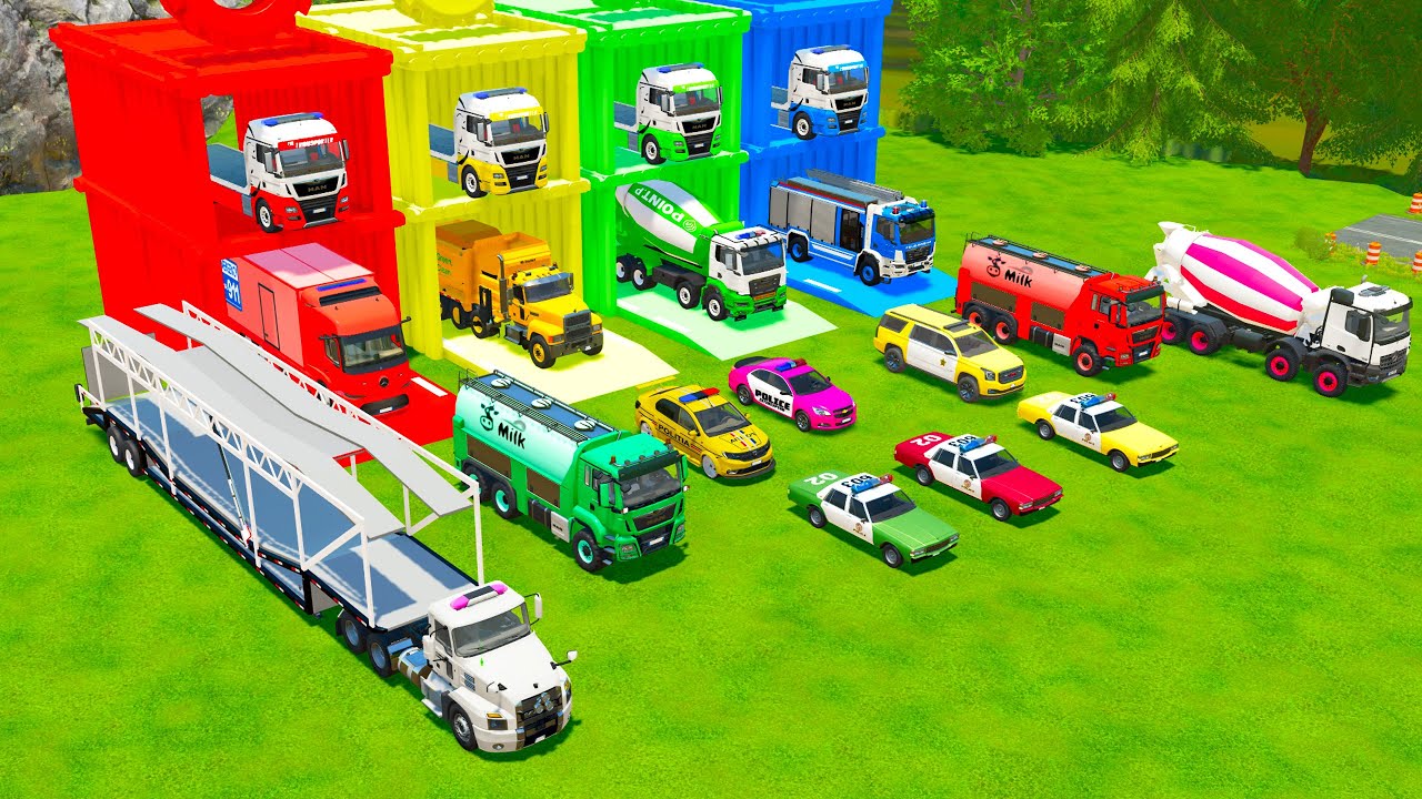 TRANSPORTING POLICE VEHICLES, CONCRETE MIXER TRUCK, MILK TANK TRUCK TO GARAGE - FS22
