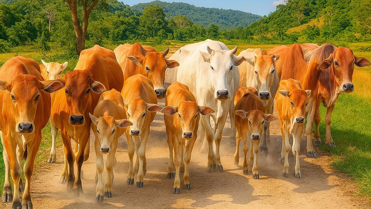 Puluhan sapi lembu jinak di desa bergerombolan keluar dari kandang berjalan menuju ladang pegunungan
