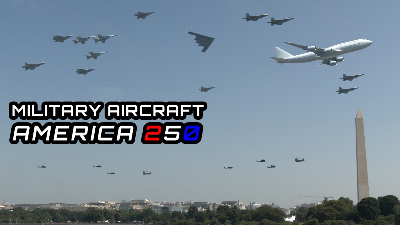 Military aircraft fly over Washington D.C. for the big 250th birthday of USA, with various displays