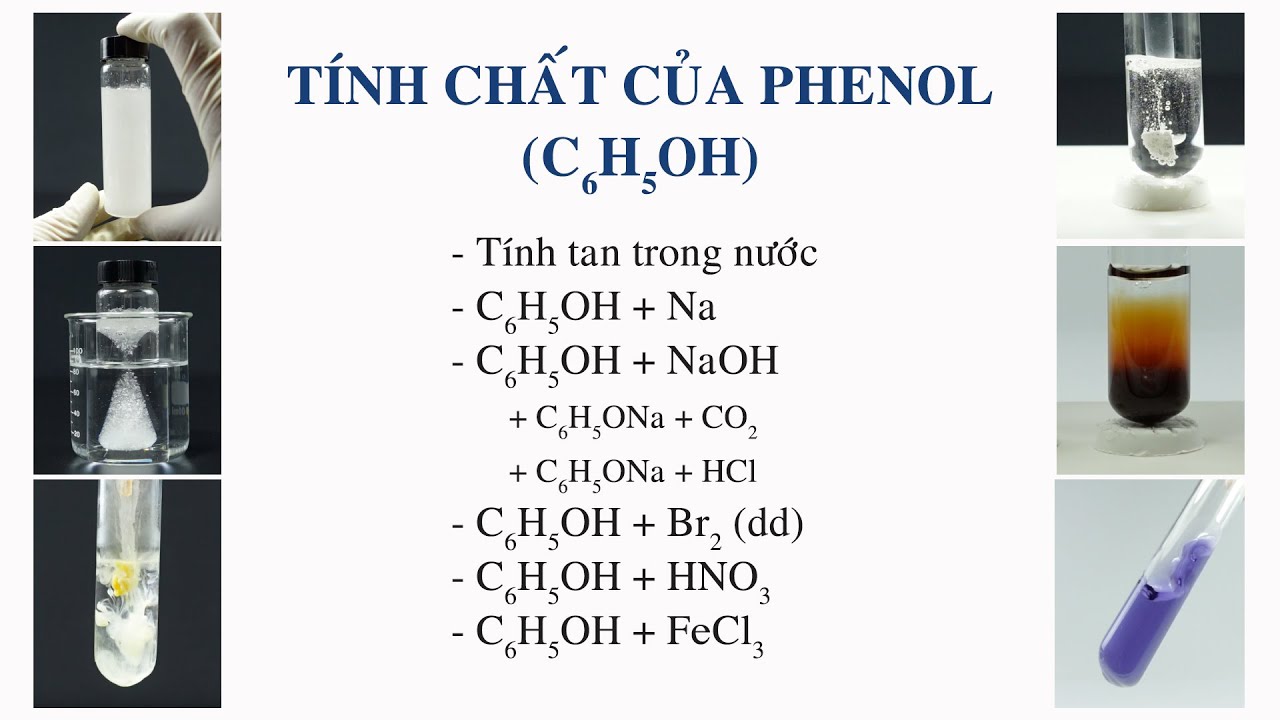 C&aacute;c th&iacute; nghiệm với phenol C6H5OH+Na, C6H5OH+NaOH, C6H5ONa+CO2, C6H5OH+Br2, C6H5OH+HNO3, C6H5OH+FeCl3