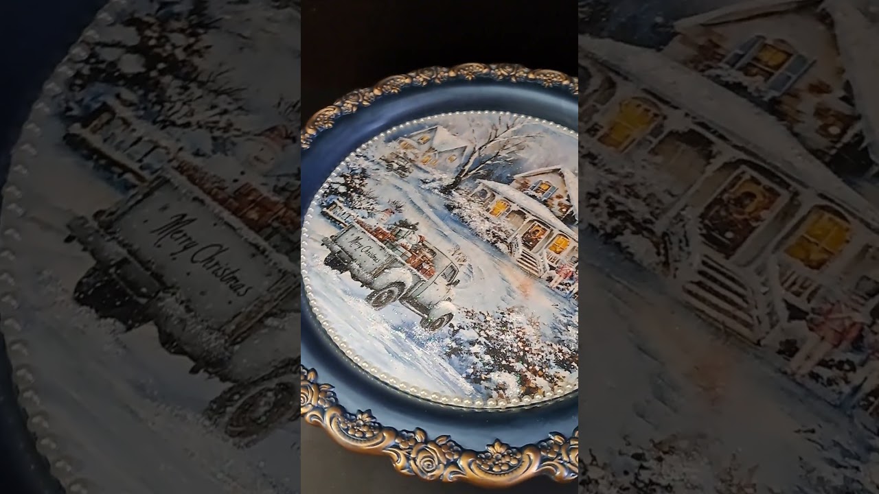 decoupage tray,  winter scene, rice paper design