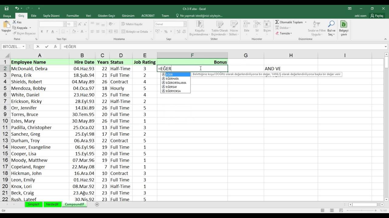 Excel'de IF, AND ve OR Kullanımı