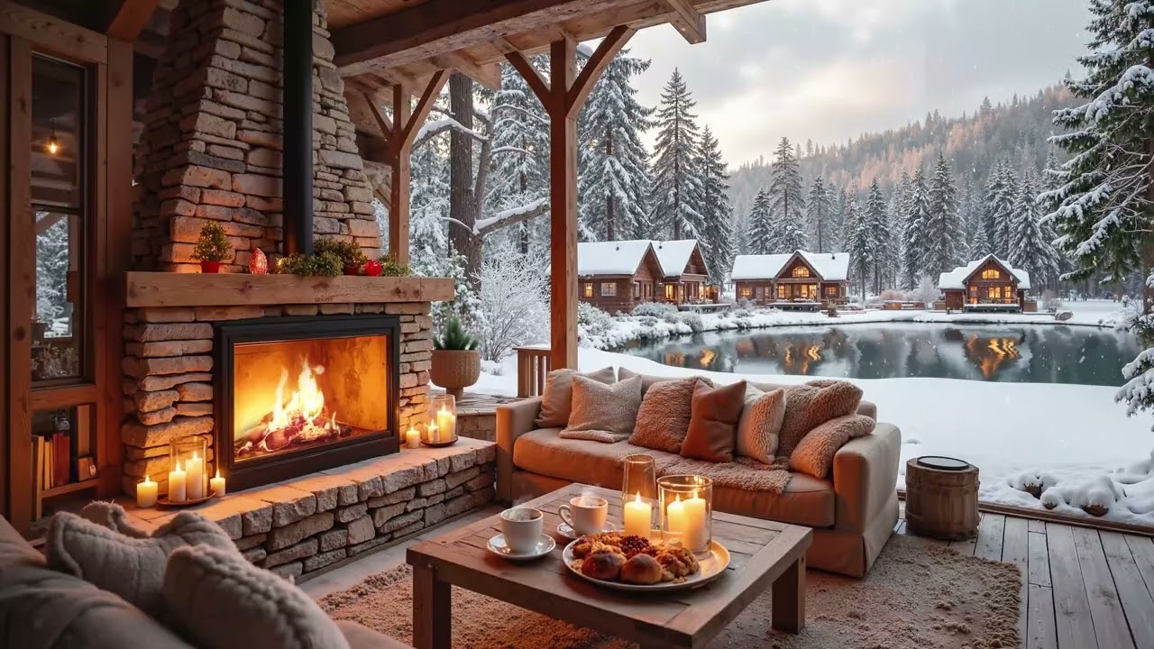 Rustic Lakeside Cabin Piano | Sunset Fireplace Heat & Winter Snow Ambience for Night Relaxation